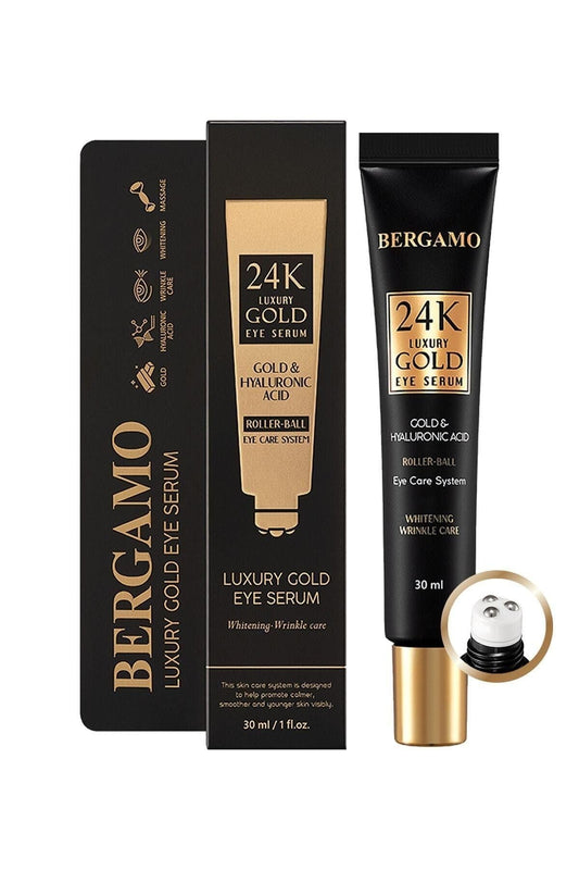 bergamo Luxury 24K Gold & Octo Hyaluronic Acid Eye Cream 1.01fl oz/30mL with Ball Roller Applicator | Made in Korea K Beauty Korean Skin Care Eye Wrinkle Care Skin Brightening Cooling&Massasge Roller