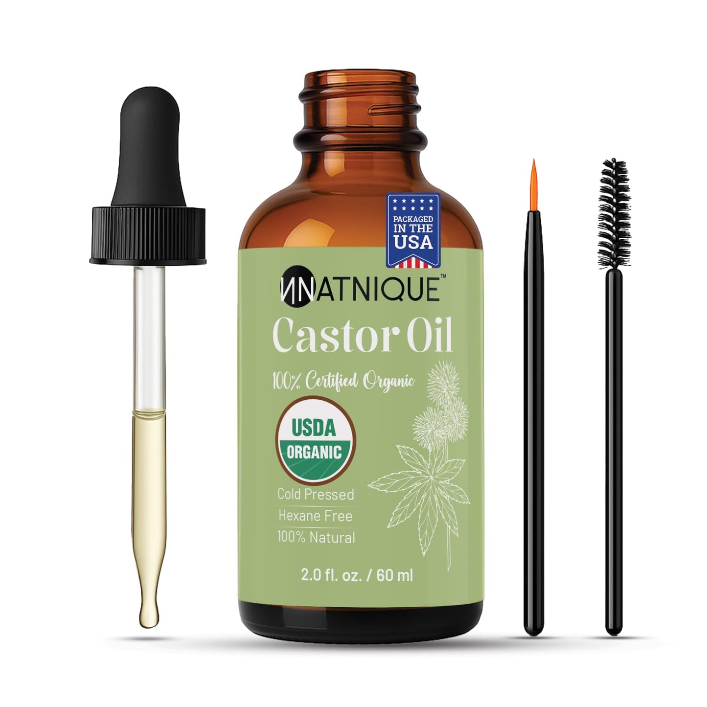 Castor Oil USDA Certified Organic, 100% Pure Cold Pressed Unrefined Hair Growth Oil for Eyelashes & Eyebrows. Natural Skin Moisturizer, Hair Treatment Kit (2 oz)