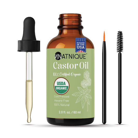 Castor Oil USDA Certified Organic, 100% Pure Cold Pressed Unrefined Hair Growth Oil for Eyelashes & Eyebrows. Natural Skin Moisturizer, Hair Treatment Kit (2 oz)