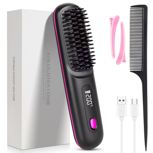 Go Brush Pro, 2025 Hair Straightener Brush 3 Adjustable Temperature Portable USB Charging Straightener Suitable for All Hair Types (Black01)
