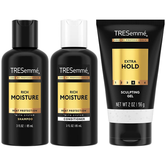 TRESEMME Travel Shampoo, Conditioner & Hair Gel Rich Moisture Hair Products + Alcohol-Free Styling Gel, 24H Frizz Control (3 Piece Set)