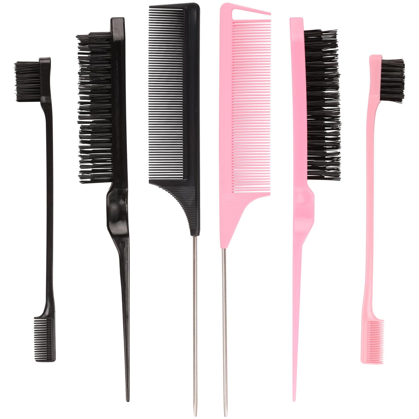 6 Pack Hair Styling Comb Set - 2 Slick Back Brushes, 2 Edge Control Brushes & 2 Rat Tail Combs for Parting, Controlling Flyaways & Smoothing Baby Hair (Black & Pink)