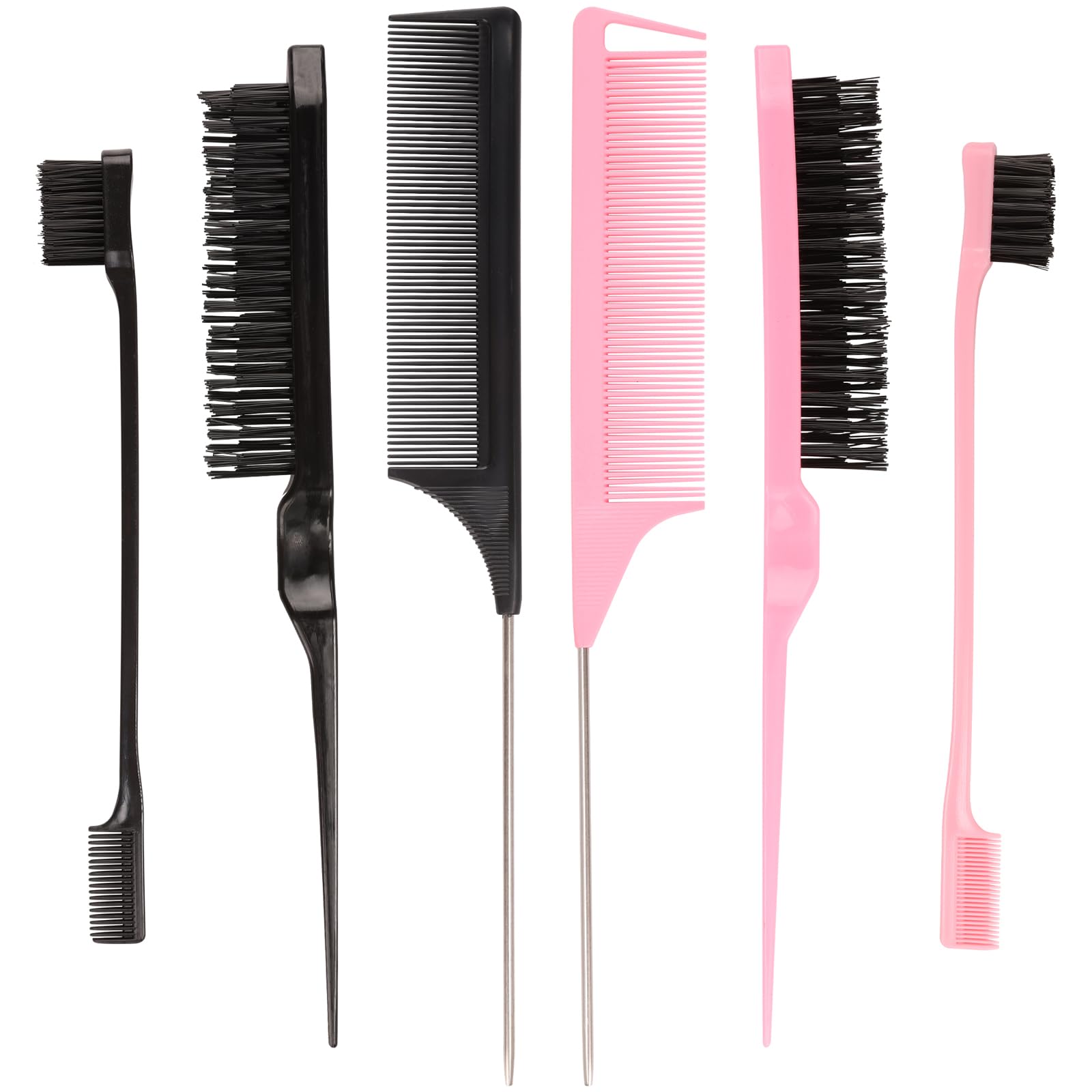 6 Pack Hair Styling Comb Set - 2 Slick Back Brushes, 2 Edge Control Brushes & 2 Rat Tail Combs for Parting, Controlling Flyaways & Smoothing Baby Hair (Black & Pink)