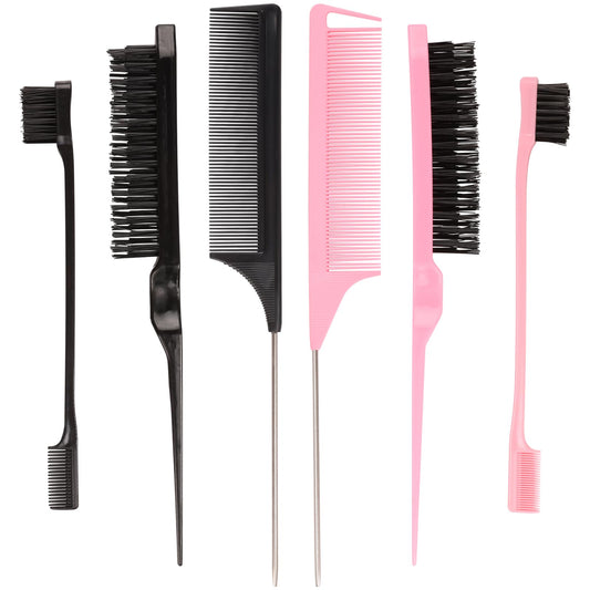 6 Pack Hair Styling Comb Set - 2 Slick Back Brushes, 2 Edge Control Brushes & 2 Rat Tail Combs for Parting, Controlling Flyaways & Smoothing Baby Hair (Black & Pink)
