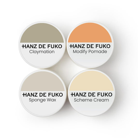 Hanz de Fuko Deluxe Hair Care Kit Super Styling Sampler Featuring Claymation, Sponge Wax, Modify Pomade, Scheme Cream Ideal Texture Products for All Hair Types 4 pack, Travel Size (0.25 oz Each)
