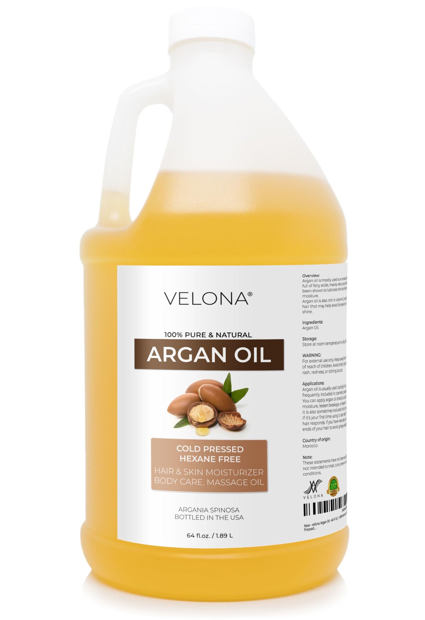 velona Argan Oil - 64 Fl Oz | 100% Pure and Natural | Morocco Oil | Skin, Body and Face Care | Nails Protector | Unrefined, Cold Pressed | Cap Kit