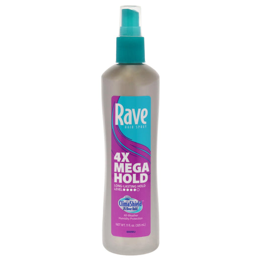 Rave 4X Mega Long-Lasting Firm Hold Hair Spray for Heat Protection, Volume and Shine - 24 Hour Hold & Anti Humidity Spray for Hair - Minimizes Frizz - Unscented & Non Aerosol - 11 Fl Oz