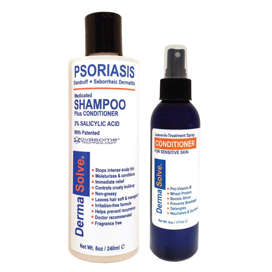 Psoriasis Shampoo and Leave-In Styling Spray Conditioner (Combo Pack) | Detangler for Sensitive Skin, Soothing Anti Dandruff, De-Flake, Dry Scalp Treatment for Seborrheic DERMAtitis & Damaged Hair