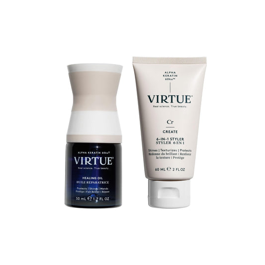VIRTUE Healing Hair Oil & 6-in-1 Styling Cream Bundle, Repair, Protect, and Style for All Hair Types, Amazon Exclusive, Color Safe