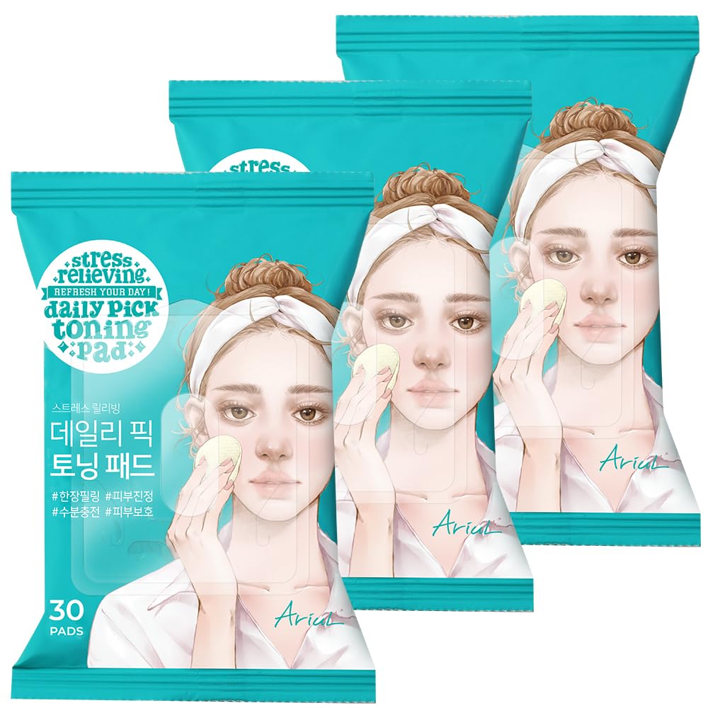 Ariul Stress Relieving Daily Pick Toning Pads Hydrating & Soothing, Gentle Exfoliation, Dual-Sided Vegan Fabric, Large Size, 50% Cica Extract, Korean Skin Care, 30 Counts x 3 Packs