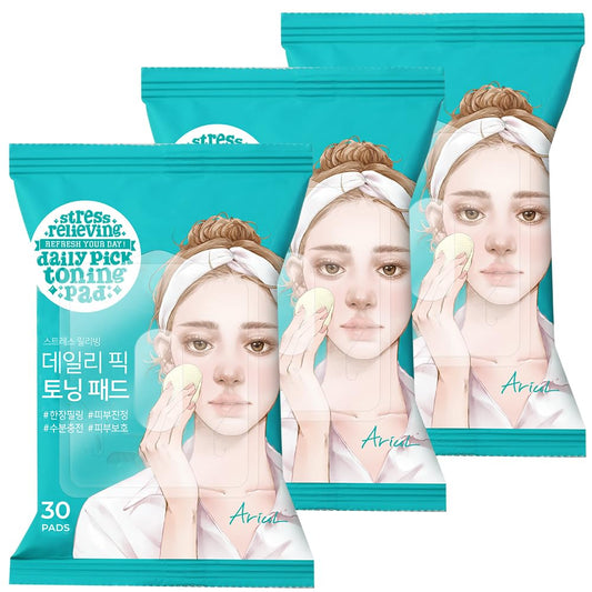 Ariul Stress Relieving Daily Pick Toning Pads Hydrating & Soothing, Gentle Exfoliation, Dual-Sided Vegan Fabric, Large Size, 50% Cica Extract, Korean Skin Care, 30 Counts x 3 Packs