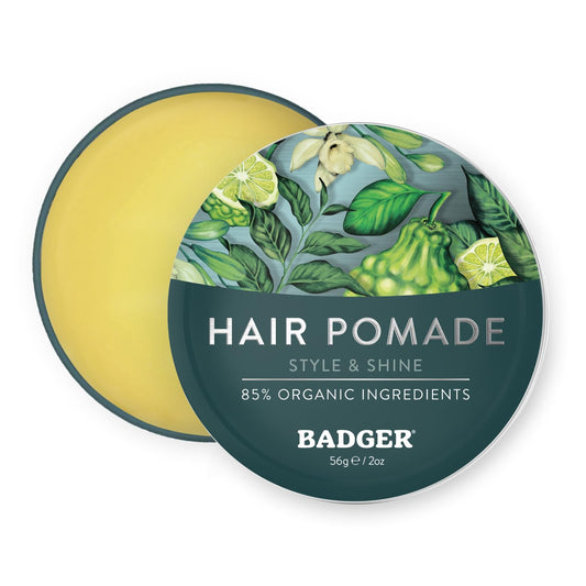 Badger Hair Pomade for Men, Organic, Easy to Use, Subtle Masculine Scent, Medium Hold Hair Pomade with Medium Shine Finish, Nourishes Hair & Scalp 2 oz Tin