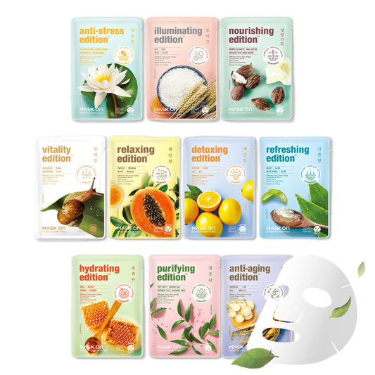 MASK ON Korean Moisturizing Face Masks Skincare (10 PACK) Hydrating & Anti-aging Daily Care Facial Mask Bulk for All Skin Type with 10 Natural Ingredients - Great for Self care & Gift Box