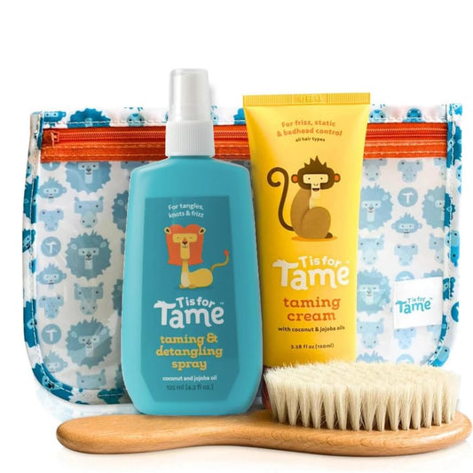 T is for Tame Toddler Hair Kit with Taming Cream, Hair Detangler Spray, Brush & Pouch - Anti Frizz Smoothing Styling Cream & Detangling Spray for Frizz Control, Flyaway, Curly, Static