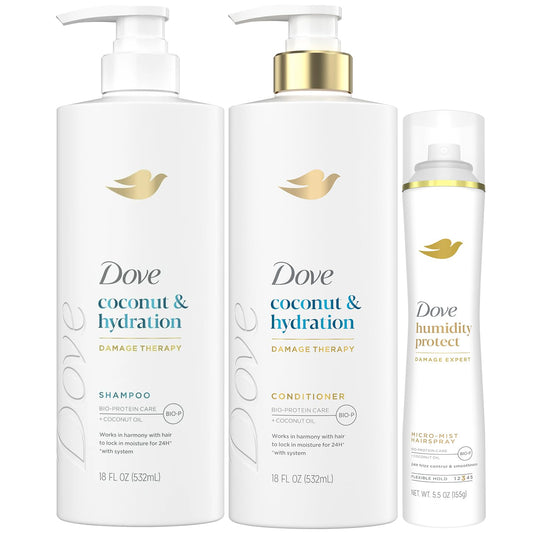 DOVE Shampoo & Conditioner Set, Coconut & Hydration, with DOVE Flexible Hold Hairspray, Compressed Micro Mist Deep Hydration for Revitalizing Dry, Damaged Hair & Styling (3 Piece Set)
