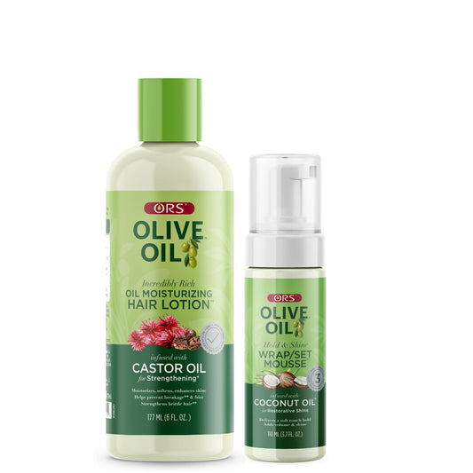 ORS Olive Oil Wrap Set Mousse & Moisturizing Hair Lotion with Castor & Coconut Oil (2 Piece Set)