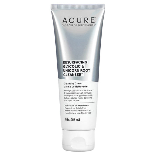 Acure Resurfacing Glycolic & Unicorn Root Cleanser- Gentle Daily Exfoliation Cleansing Cream - Brightening & Hydrating Face Wash - for All Skin Type 4 Fl Oz