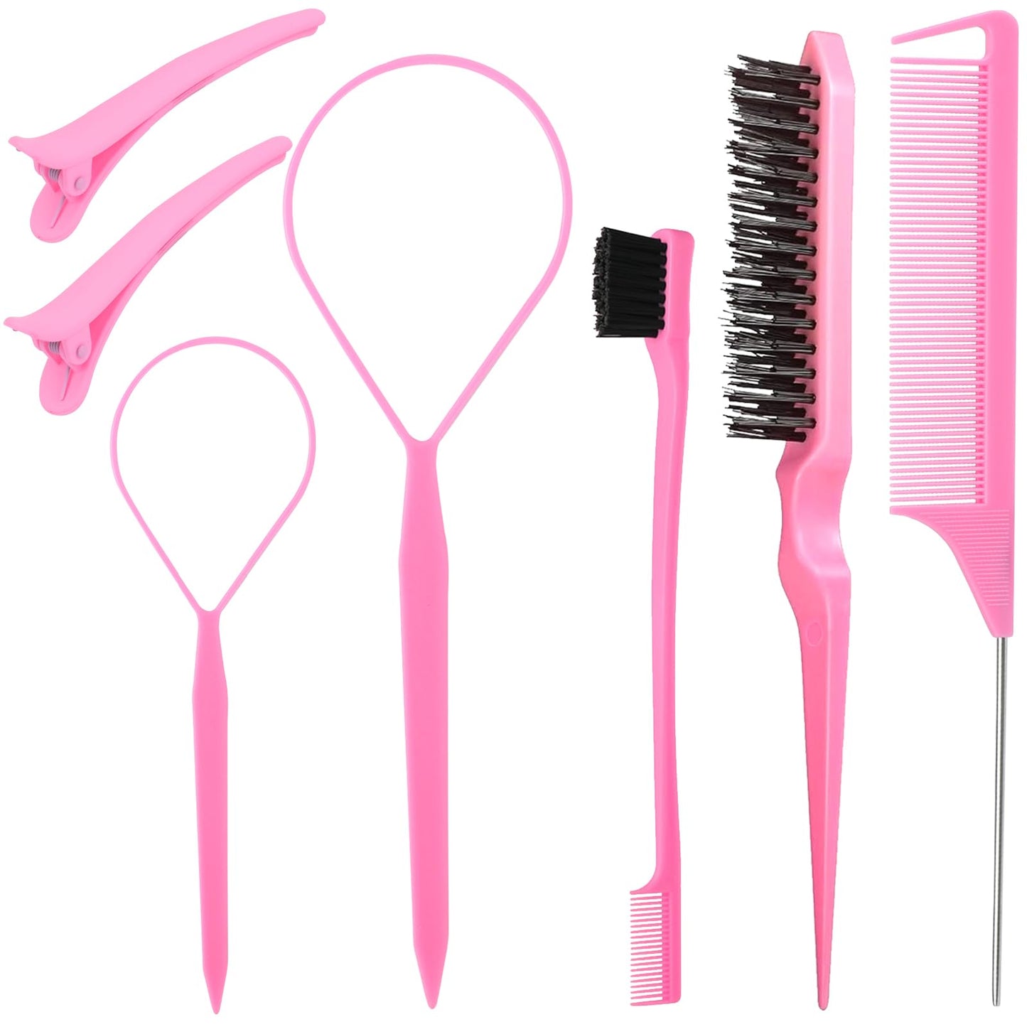 Hair Styling Tools &Topsy Tail Hair Tools Triple Teasing Combet: Triple Teasing Brush, Edge Brush, Rat Tail Combs, Braid Loops and Clips for Women, Girls, Pink