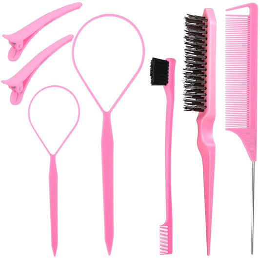 Hair Styling Tools &Topsy Tail Hair Tools Triple Teasing Combet: Triple Teasing Brush, Edge Brush, Rat Tail Combs, Braid Loops and Clips for Women, Girls, Pink