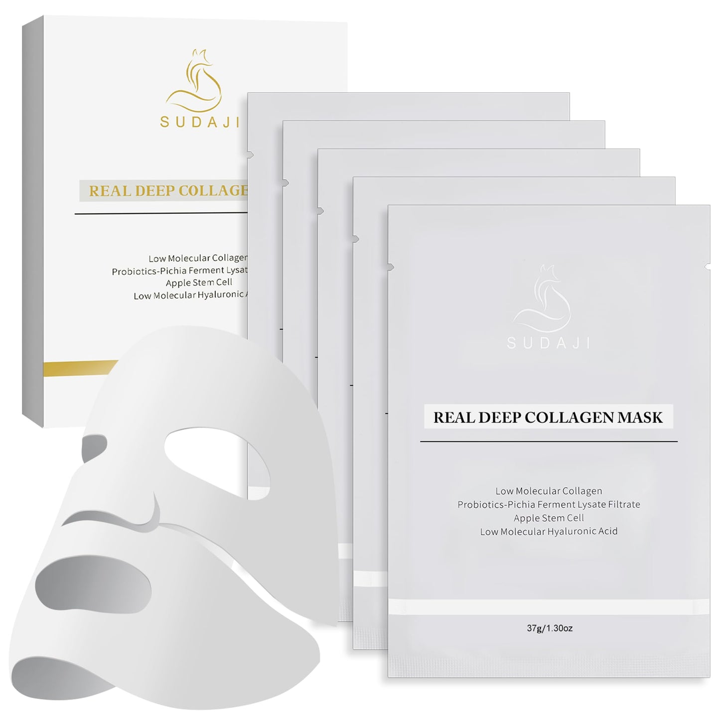 Apple Stem Cells Probiotics Collagen Face Mask (37gx5ea), Hydrating Overnight Hydrogel Mask for All Skin Types Elasticity Enhancing, Firming, Moisturizing