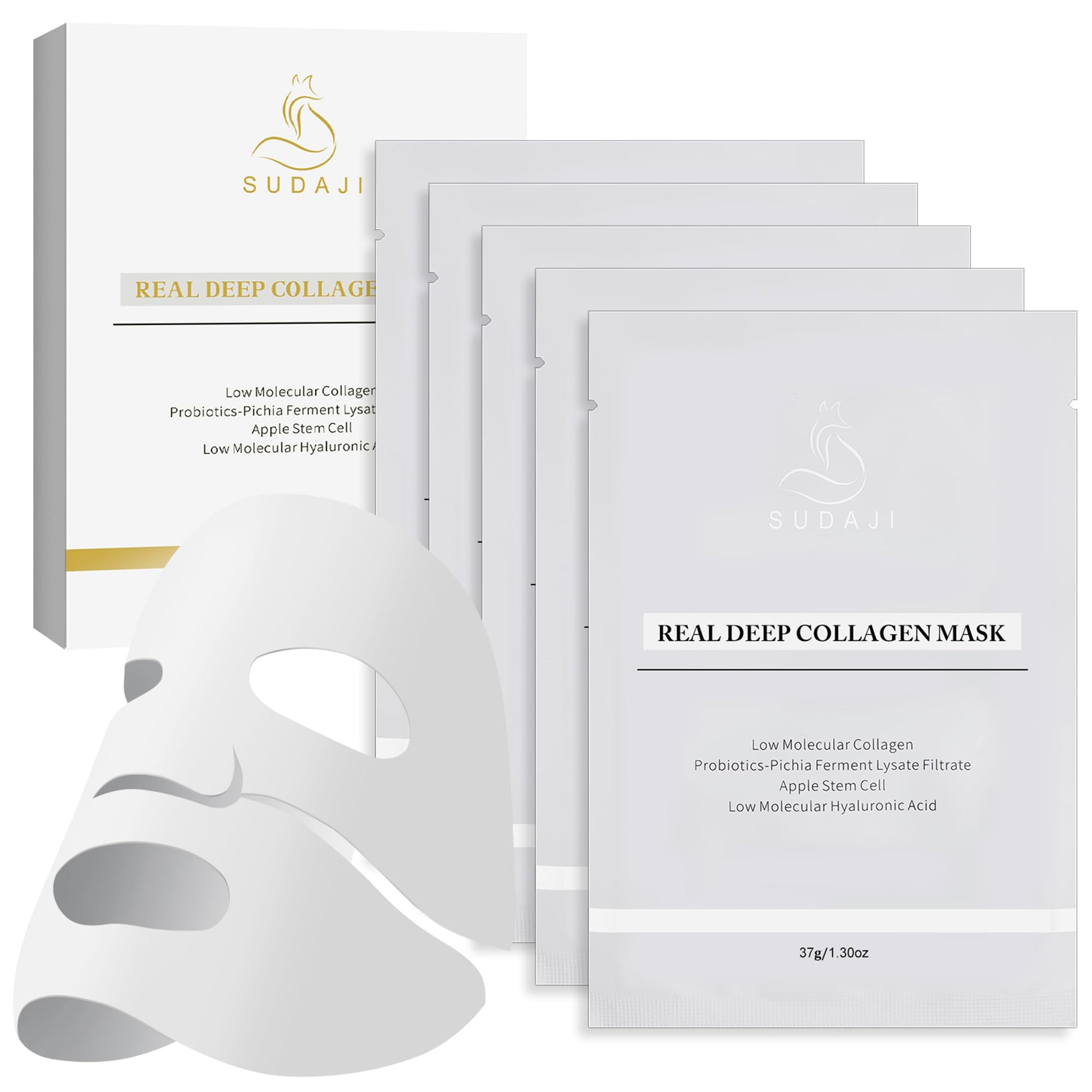 Apple Stem Cells Probiotics Collagen Face Mask (37gx5ea), Hydrating Overnight Hydrogel Mask for All Skin Types Elasticity Enhancing, Firming, Moisturizing