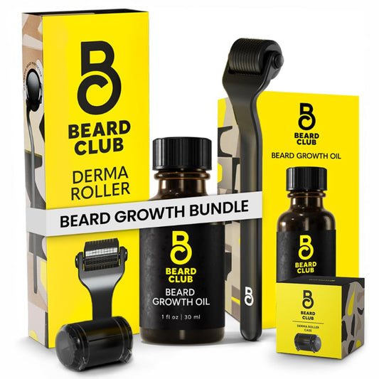 Beard Club Premium DERMA Roller & Beard Growth Oil - Microneedling Roller with 540 Titanium Microneedles for Face, Body and Scalp - Beard Roller with Sandalwood & Cedar Beard Oil