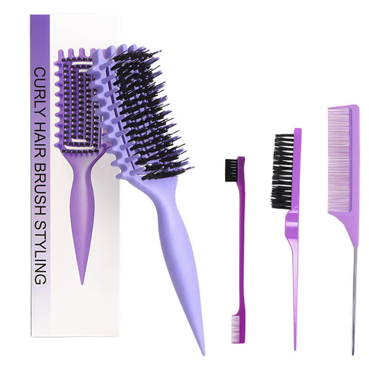 Curly Hair Brush,Curl Defining Brush plus 3 Pieces Hair Styling Comb Set(Slick Back Hair Brush,Rat Tail Comb,Edge Bristle Brush) Lightweight Vented for Combing, Shaping, Styling(Purple)