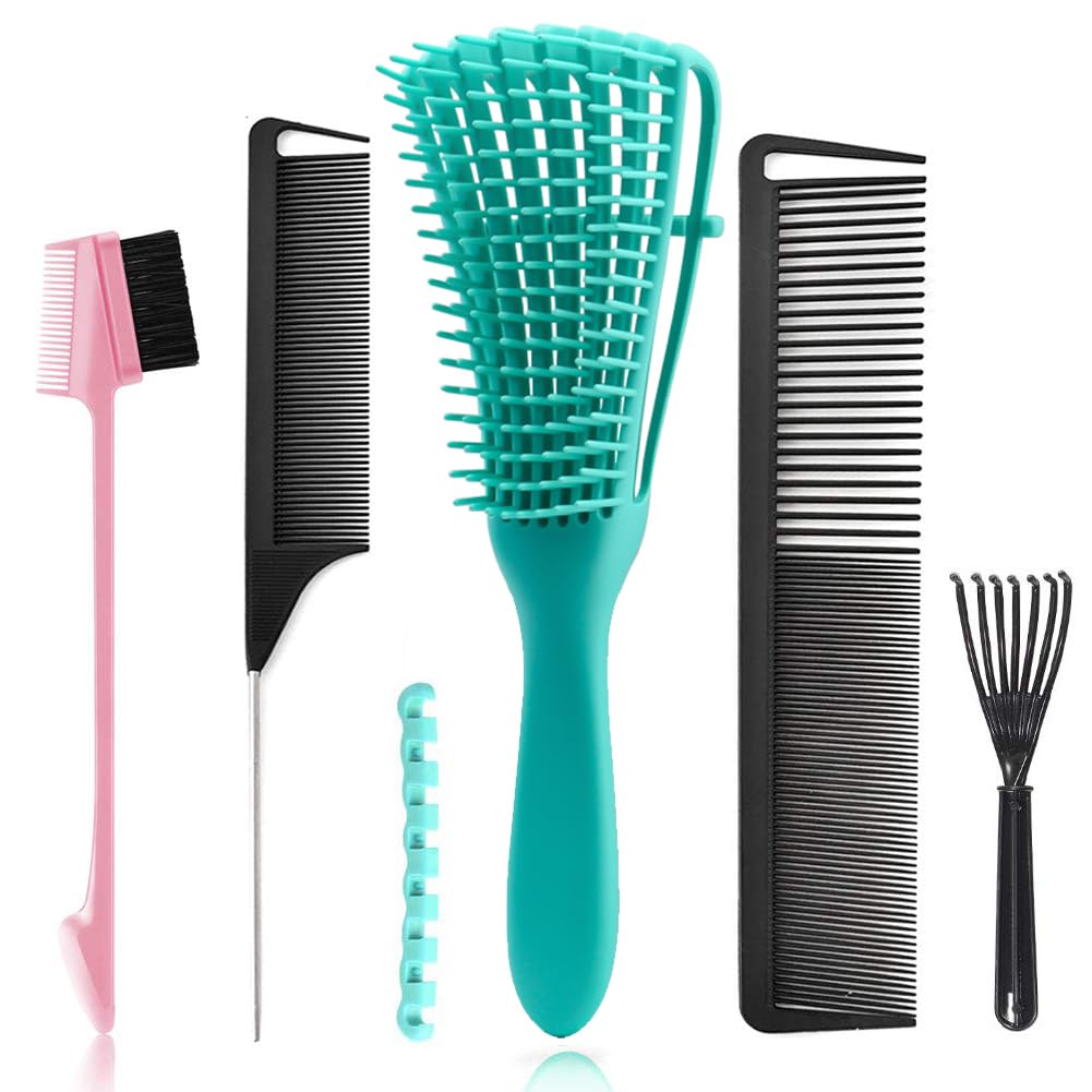 5 Pcs Detangling Hair Brush Set, Ez Detangler Brush With Edge Brush, Rat Tail Combs for Black Natural Hair Styling and Cuting, Curly/Straight/Wet/Dry/long/Short Hair Available for Women Kids Men
