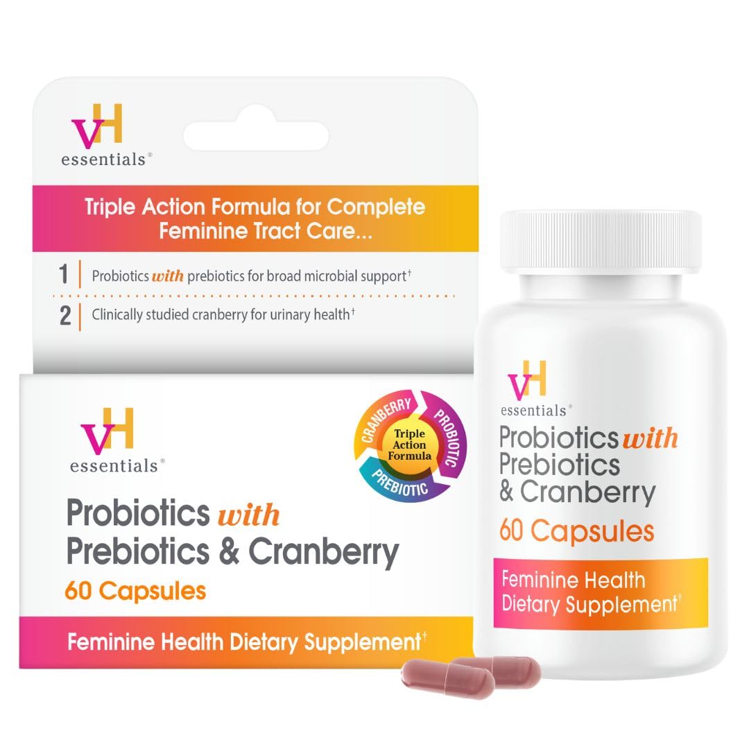 vH Essentials Probiotics for Women with Prebiotics, Cranberry & Vitamin C - 60 Capsules (30 Day Supply) - Vaginal Probiotics Support Gut Balance, Vaginal Health & Urinary Tract Health for Women