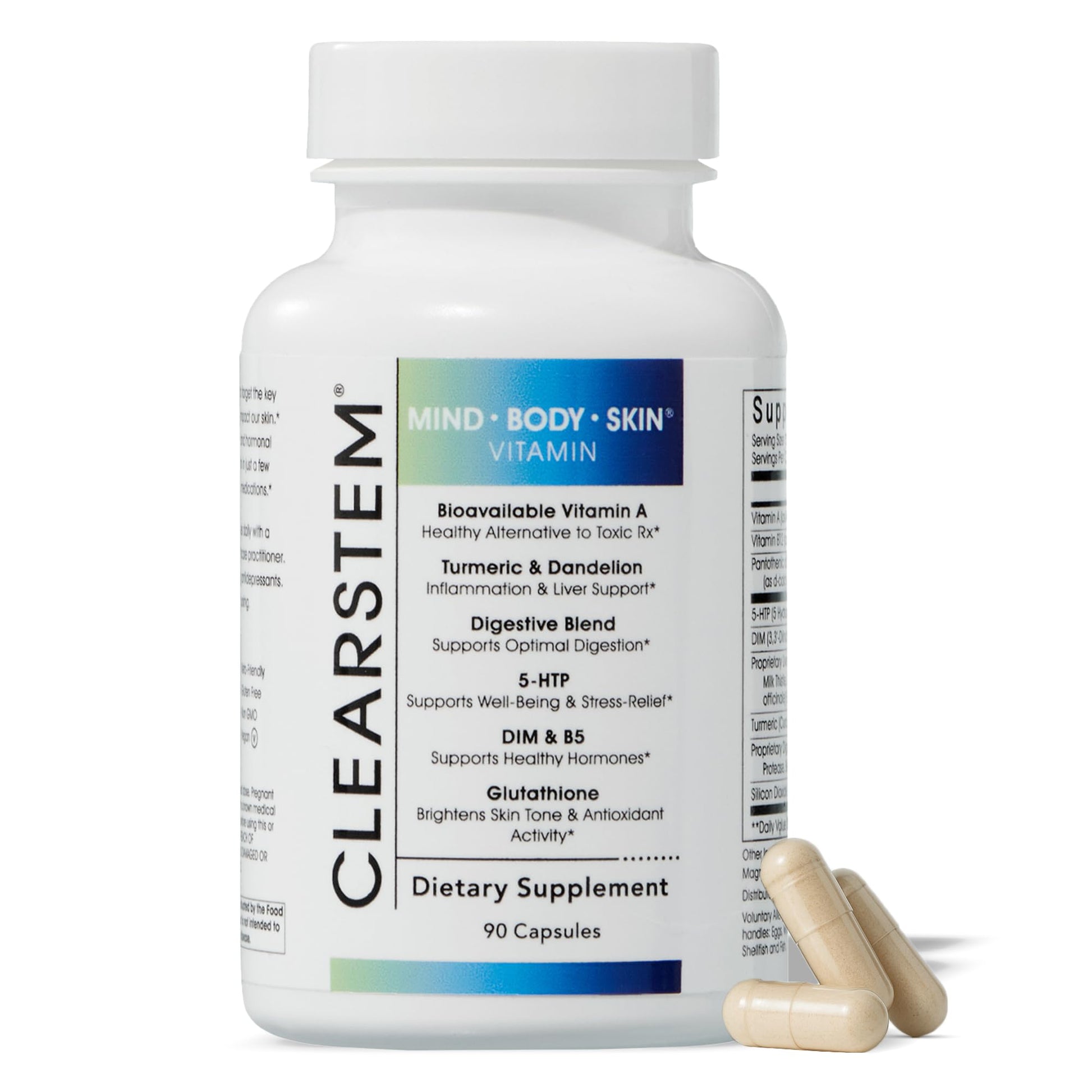 CLEARSTEM - MINDBODYSKIN Hormonal Acne Supplement (5-HTP) - Natural DIM Supplement - Skin Care Vitamins - Hormone Balance, Antioxidants - Vegan, Gluten Free, Cruelty Free - 30 Servings, 90 Capsules