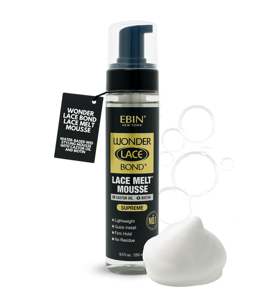 EBIN NEW YORK Wonder Lace Bond Lace Melt Mousse 8.5 oz Water-Based Wig Styling Mousse with Castor Oil and Biotin for Secure Hold and Shine — Seamless Finish — Nourishing Care (1 Pack)
