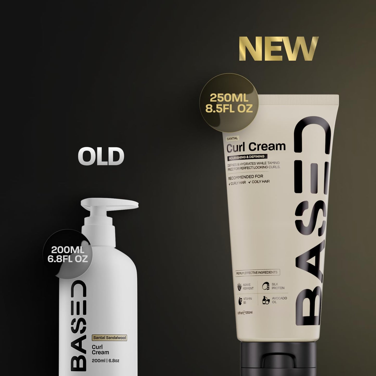 BASED All Natural Curl Cream, Defines Curls, Controls Frizz, Medium Hold, Hydrates &amp; Nourishes with Agave, Silk Protein &amp; Castor Oil, No Harmful Chemicals or Artificial Fragrance 8.5 fl oz (250 ml)