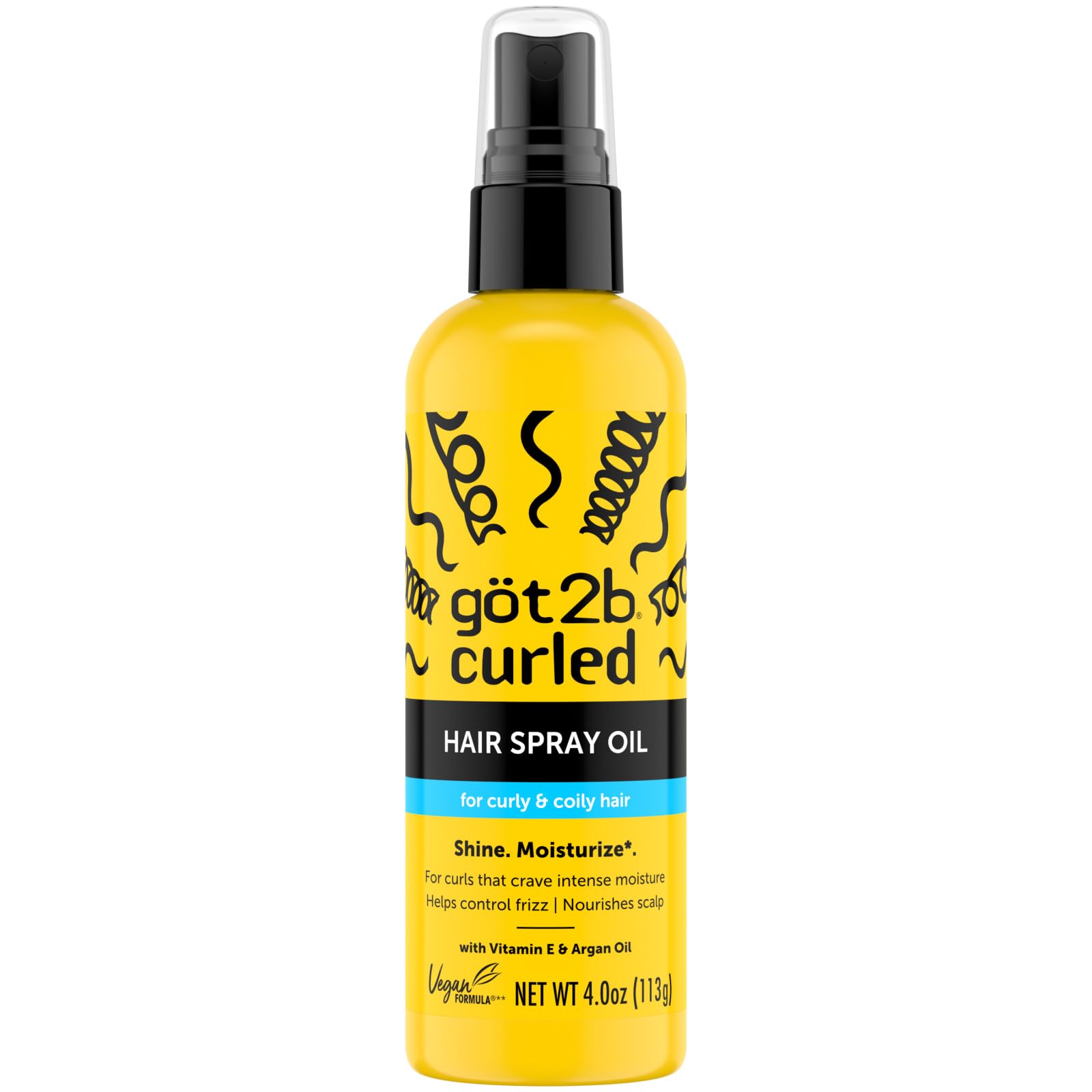 GOT2B Curled Hair Spray Oil, 4oz, for curl types 3-4, curly and coily hair, helps control frizz and nourishes the scalp