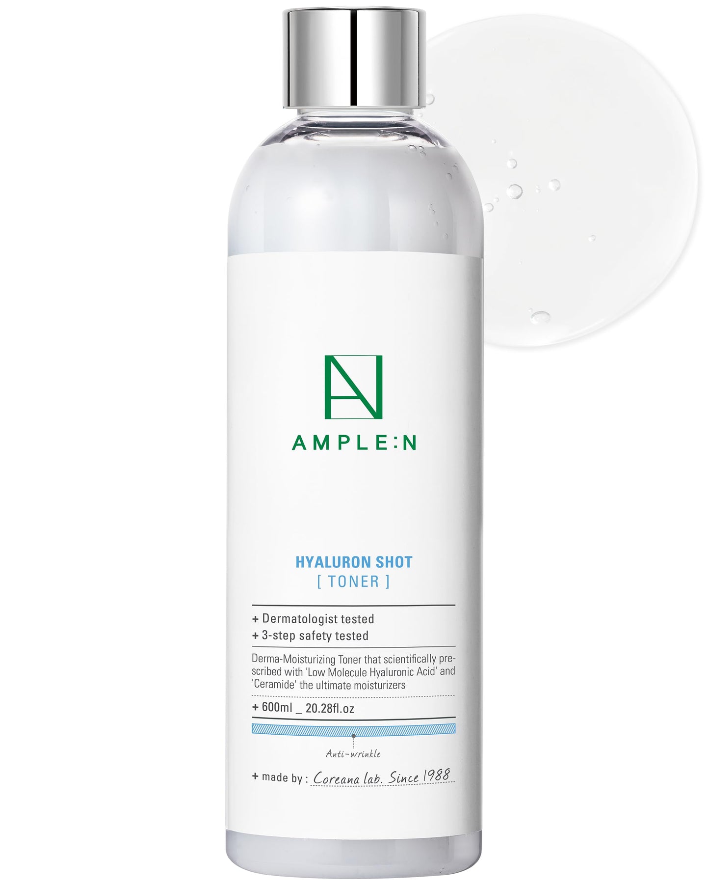 Ample:N Hyaluron Shot Toner Korean Hyaluronic Acid and Ceramide Hydrating Face Toner - Moisturizing Essence for Minimizing Wrinkles Dewy Healthy Glow Skin Booster for Dry Skin, 20.3 fl.oz.