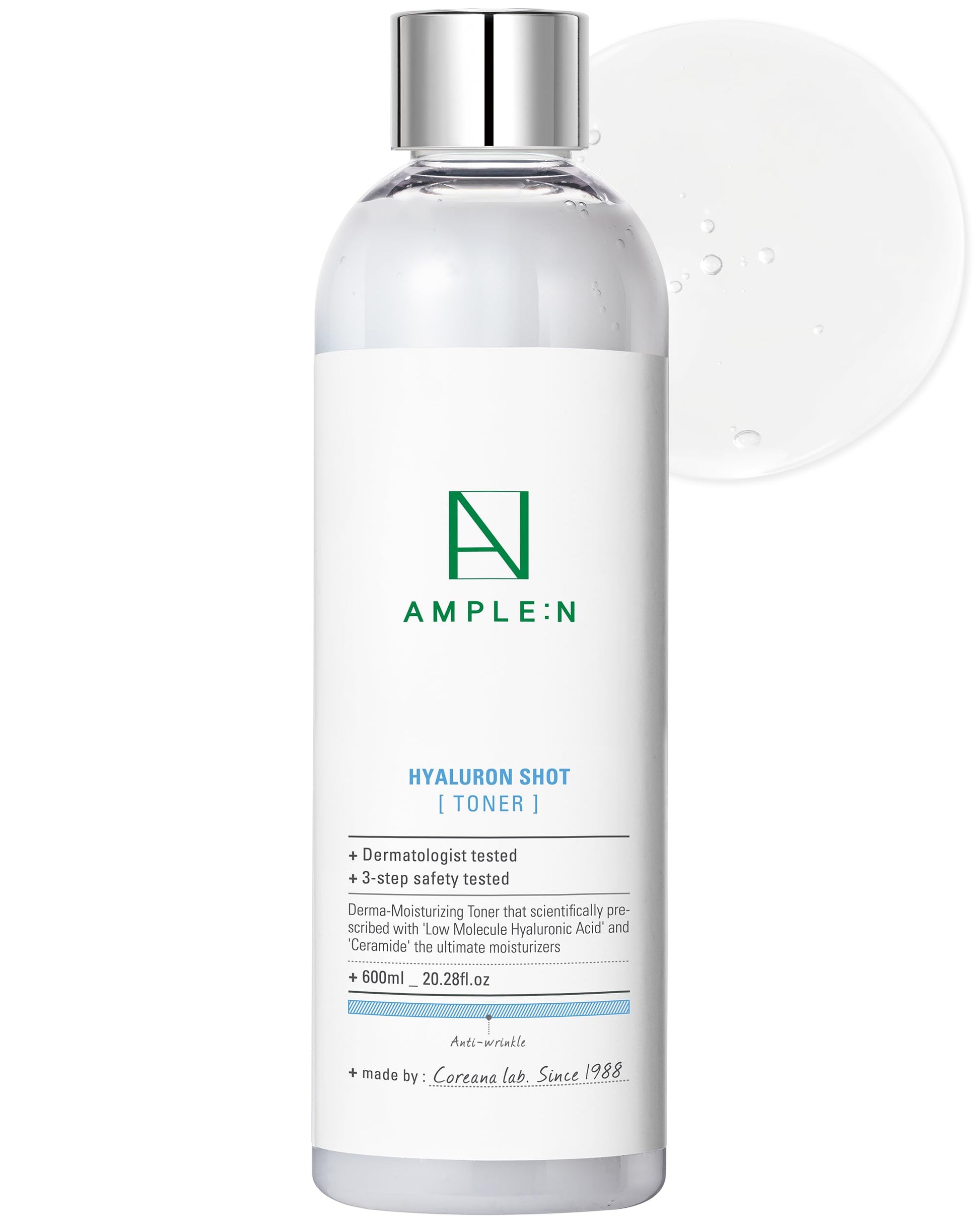Ample:N Hyaluron Shot Toner Korean Hyaluronic Acid and Ceramide Hydrating Face Toner - Moisturizing Essence for Minimizing Wrinkles Dewy Healthy Glow Skin Booster for Dry Skin, 20.3 fl.oz.