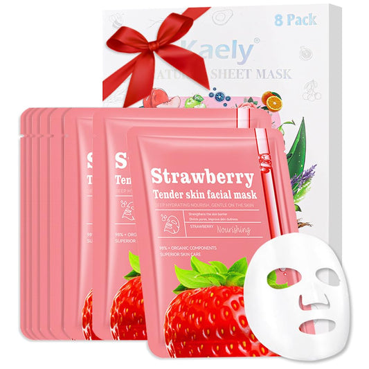 8 Pack Strawberry Face Mask,Pink Face Masks Spa Day kit Supplies for Teens Girls Women,Sheet Facial Mask Skincare for Kids Gifts Set,Hydrate Nourish Soothe for All Skin Types,Spa Party Favors