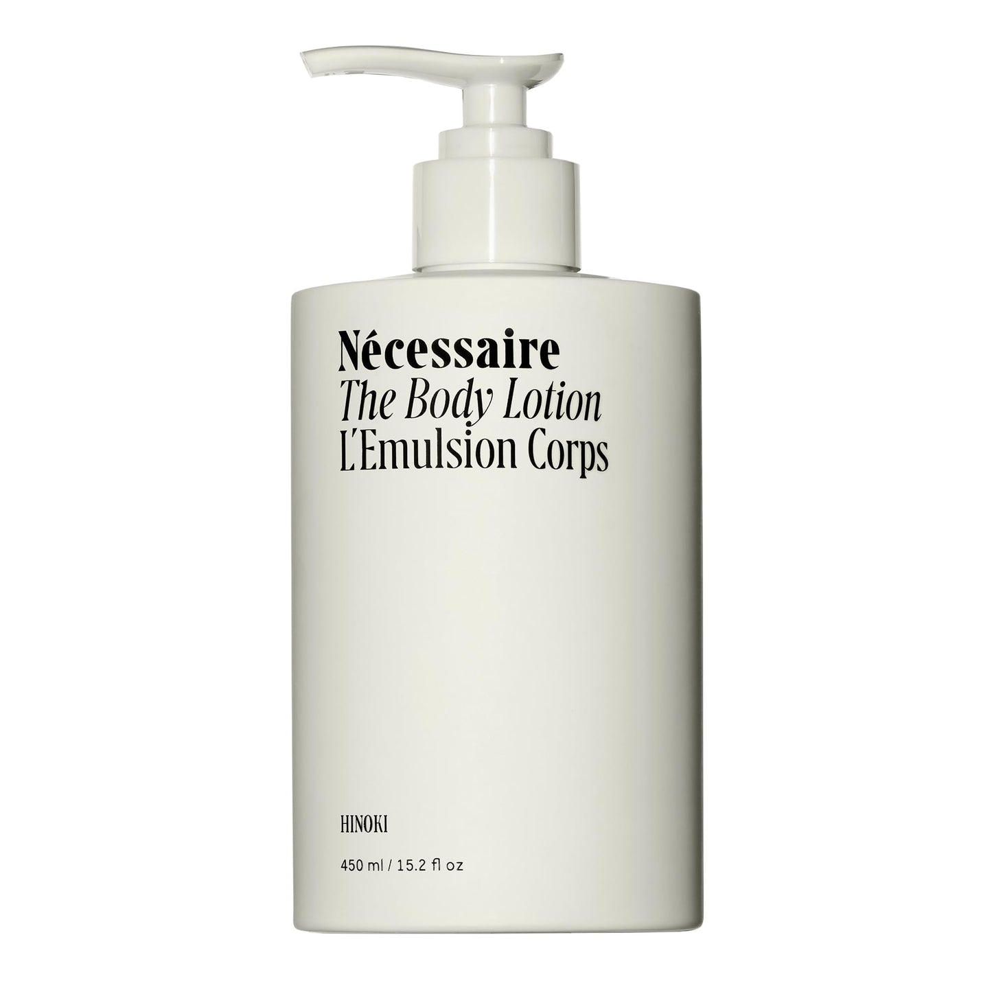 NŽcessaire The Body Lotion with Pump. Hinoki. Multi-Peptide Firming Lotion to Moisturize, Firm, Strengthen. 2.5% Niacinamide, Vitamin C/E + Omega 6/9. 450ml / 15.2 fl oz