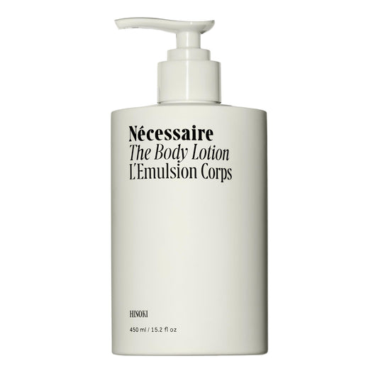NŽcessaire The Body Lotion with Pump. Hinoki. Multi-Peptide Firming Lotion to Moisturize, Firm, Strengthen. 2.5% Niacinamide, Vitamin C/E + Omega 6/9. 450ml / 15.2 fl oz