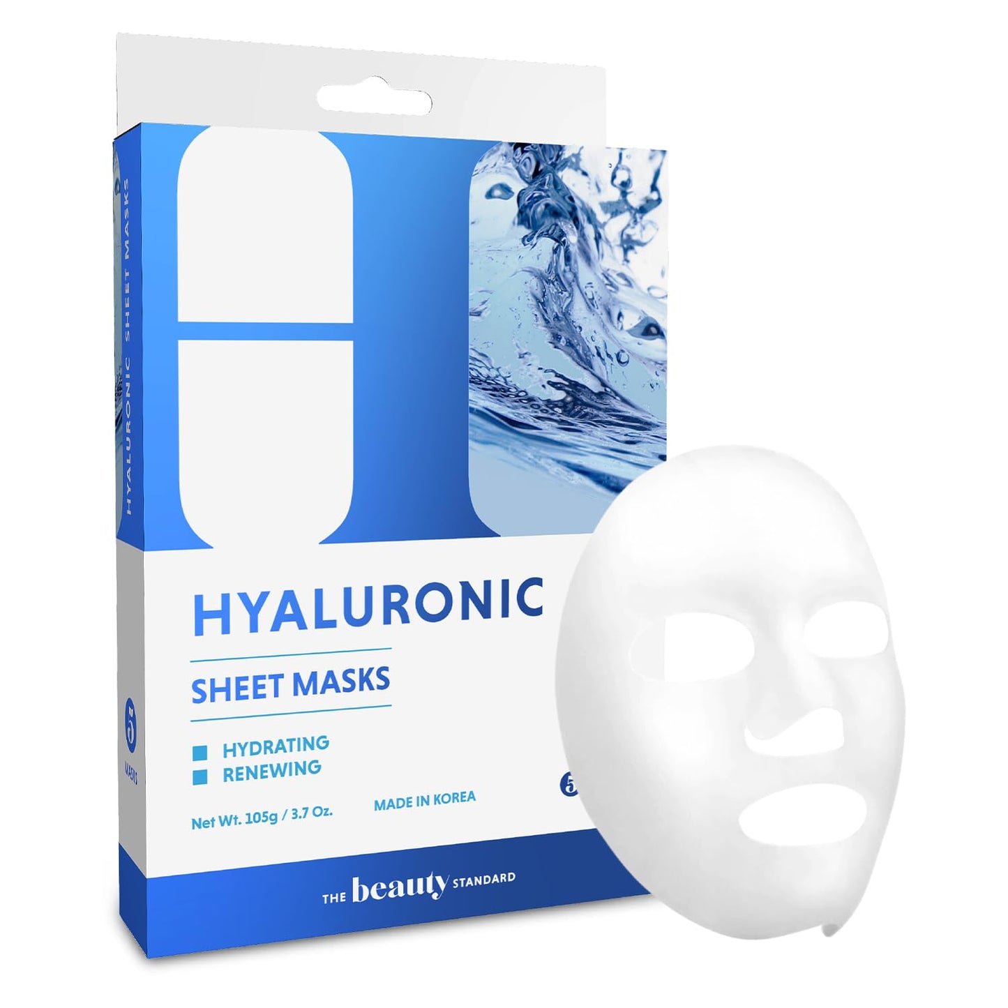 Hyaluronic Acid Sheet Face Mask - Skin Firming, Anti-Aging, Moisturizes & Plumps Skin - DERMAtologist Tested, Cruelty-Free Korean Skin Care for All Skin Types - 5 Masks