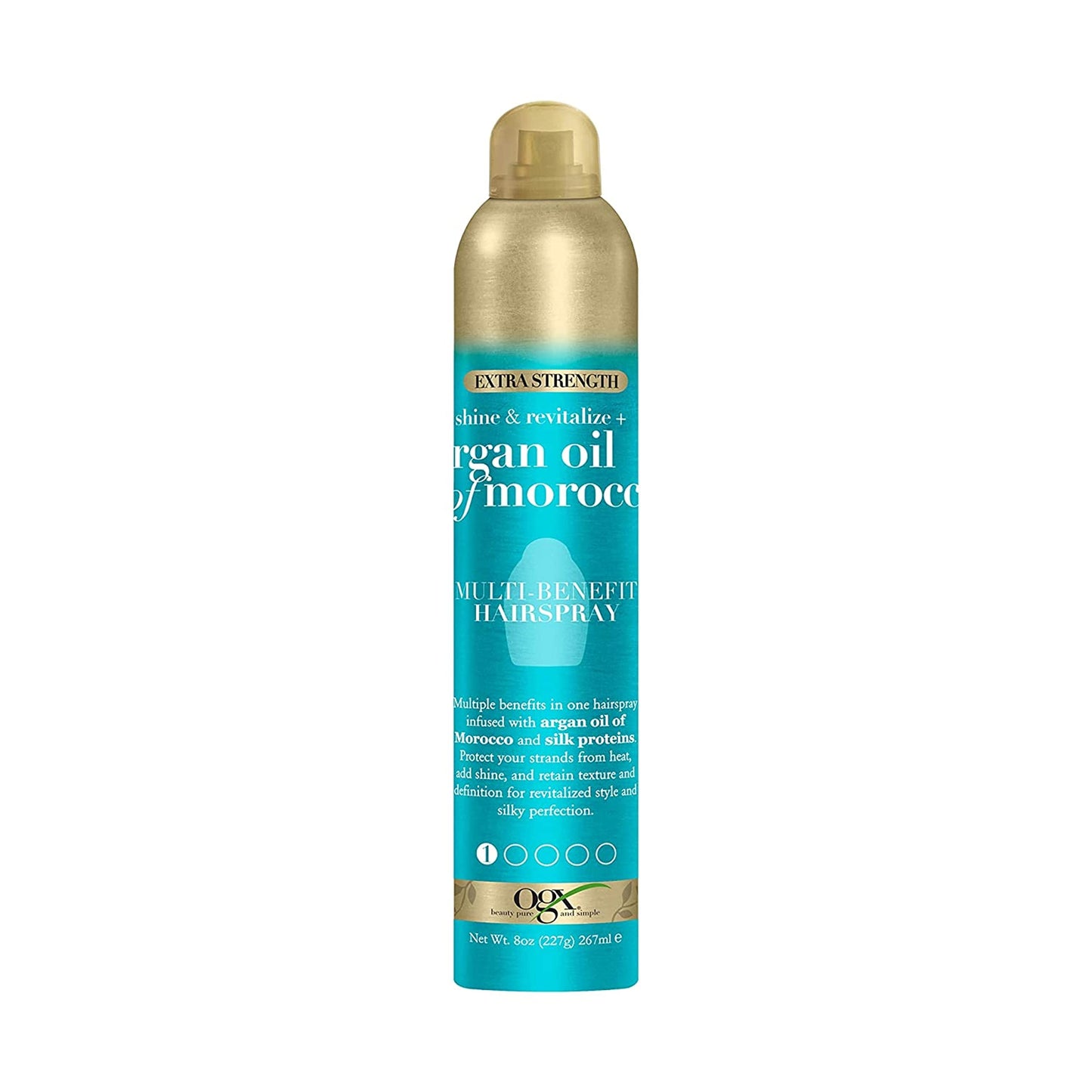 OGX Revitalize + Argan Shine Extra Strength Multi-Benefit Heat Protection Hairspray with Argan Oil & Silk Proteins, Tame Frizz & Non-Greasy Shine, Morocco, 8 Ounce