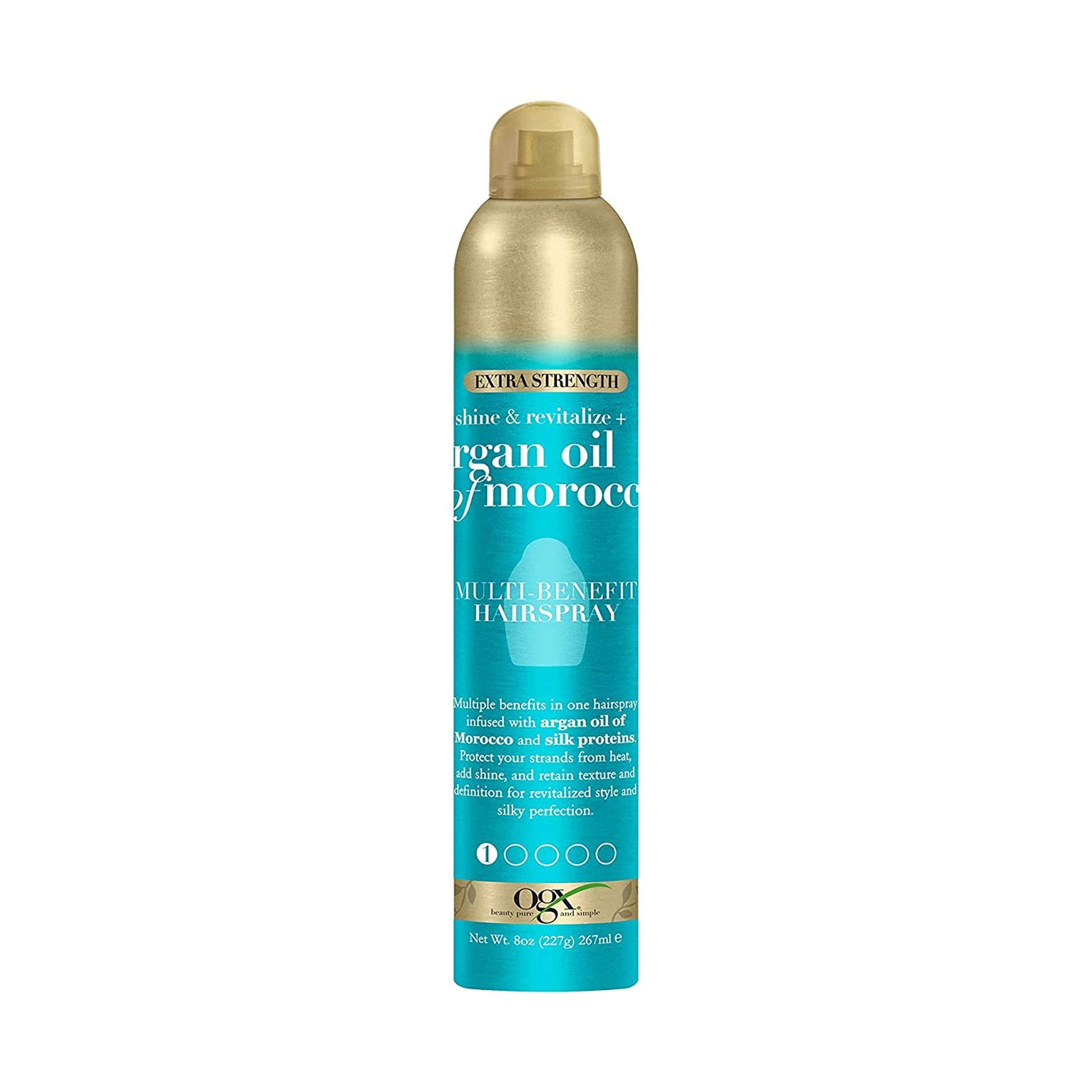 OGX Revitalize + Argan Shine Extra Strength Multi-Benefit Heat Protection Hairspray with Argan Oil & Silk Proteins, Tame Frizz & Non-Greasy Shine, Morocco, 8 Ounce