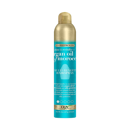 OGX Revitalize + Argan Shine Extra Strength Multi-Benefit Heat Protection Hairspray with Argan Oil & Silk Proteins, Tame Frizz & Non-Greasy Shine, Morocco, 8 Ounce