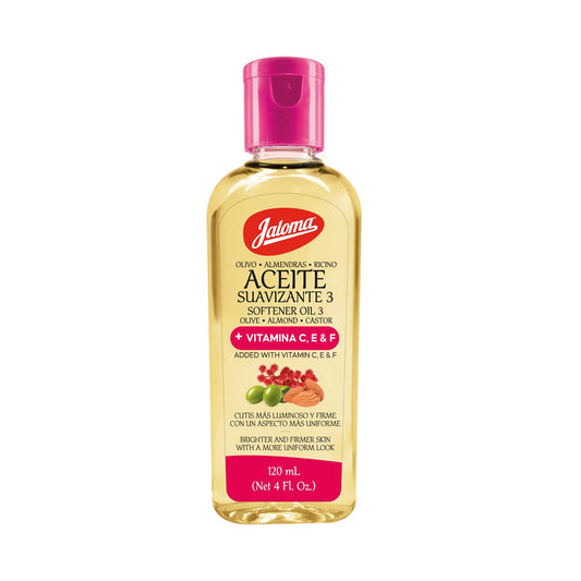 Jaloma 3-Oil Blend Olive, Almond & Castor Oils with Vitamins C, E & F to Support Firmer, Even-Looking Skin, 4 FL Oz Bottle.