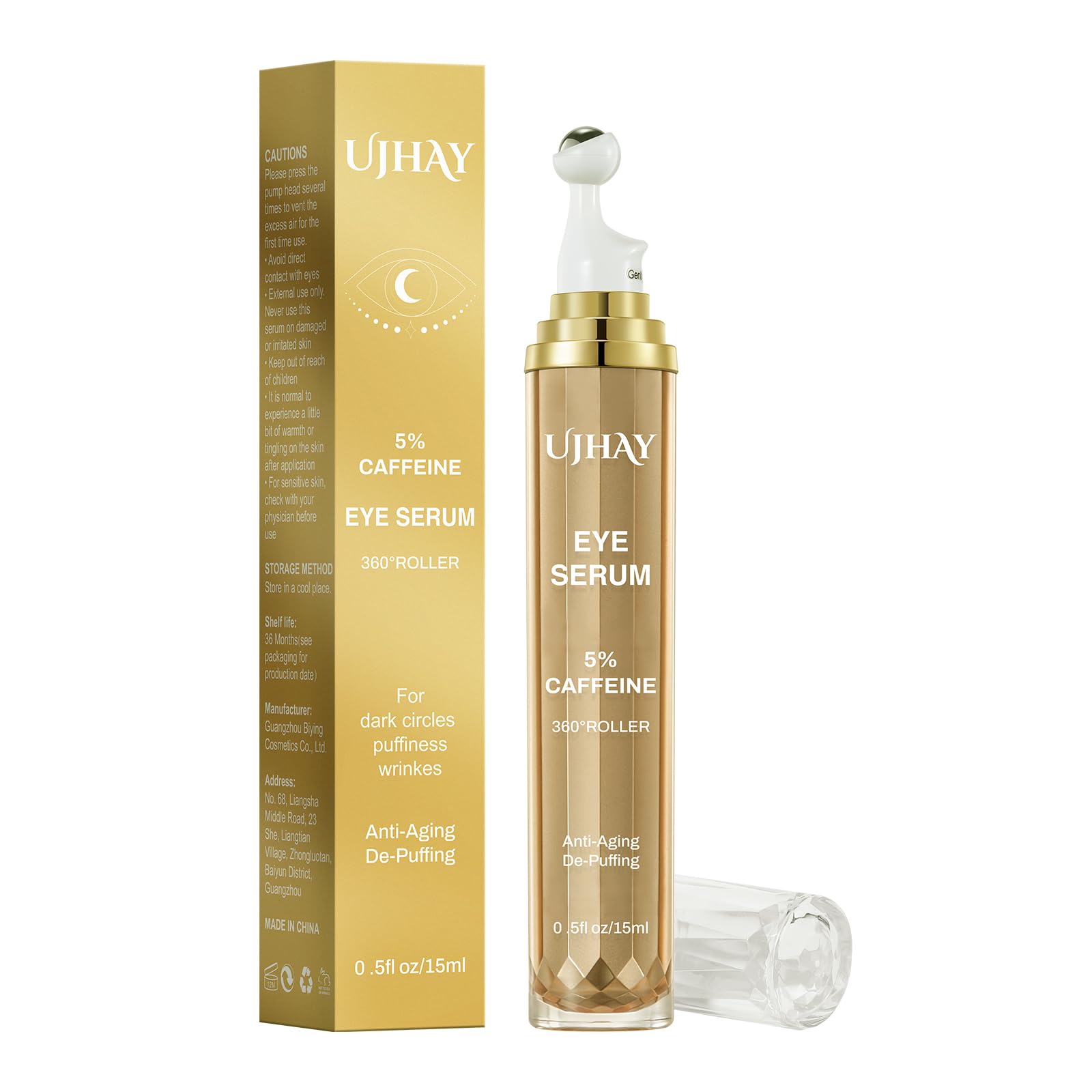 5% Caffeine Eye Cream, Under Eye Serum for Dark Circles, Puffiness & Wrinkles Fine Lines, Eye Roller Serum with 360¡ Massage Ball, Eye Treatment Balm for Men & Women