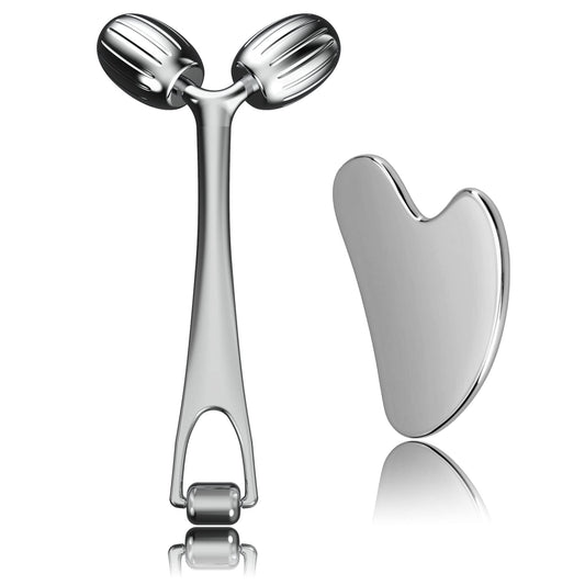 Yeamon Gua Sha Facial Tools and Face Roller Set, Facial Massage Tool for Women's Skincare Routine,Cooling Stainless Steel Face Sculpting Eyes Roller Guasha for Daily Use or Self-Care Gift for Women