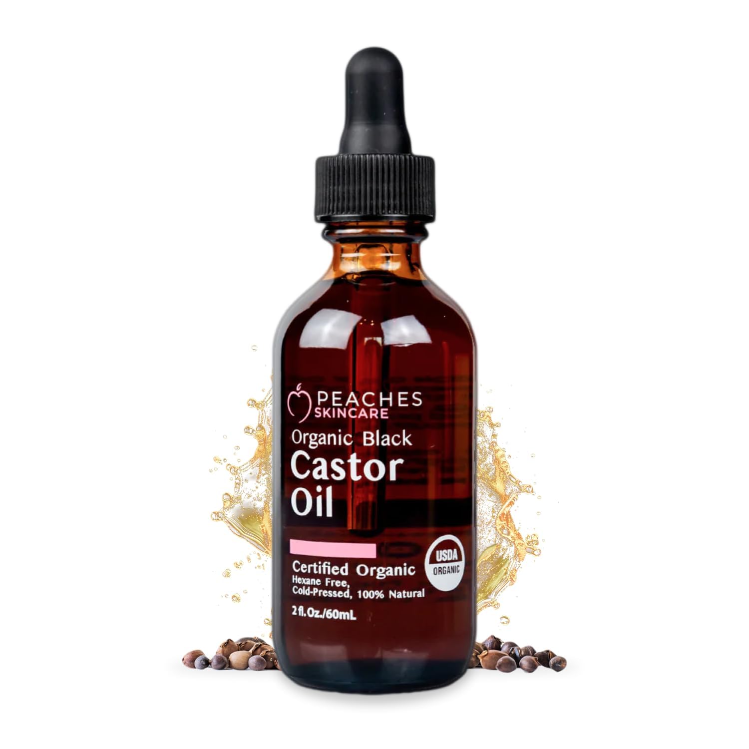 Organic Cold-Pressed Castor Oil Hexane-Free, Vegan Formula with Omega-9, Omega-6, and Vitamin E Hydrating Oil for Skin and Hair Black Castor Oil (2 fl. oz)