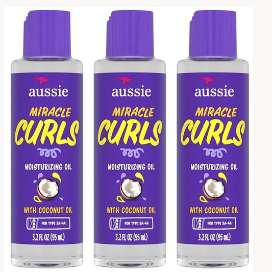 AUSSIE Miracle Curls Defining Oil Hair Treatment, 3 Pack, Coconut and Australian Jojoba Oil, For Dry, Curly, Kinky and Wavy Hair, Reduce Frizz and Add Shine, Paraben Free Formula, 3.2 oz Each