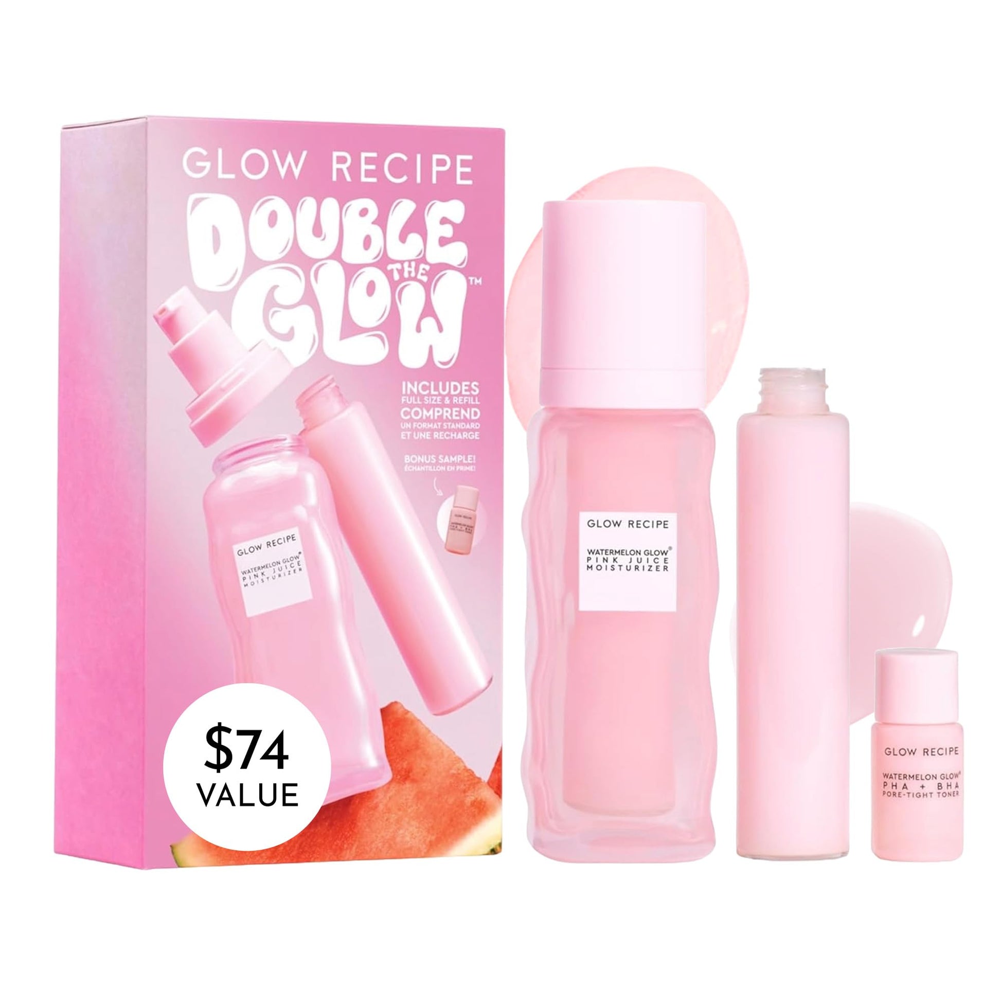 GLOW RECIPE Double The Glow Skincare Kit - Watermelon PHA BHA Face Toner + Full Size and Refillable Pink Juice Face Moisturizer with Hydrating Hyaluronic Acid for Dry Skin - Korean Skin Care (3 Count)