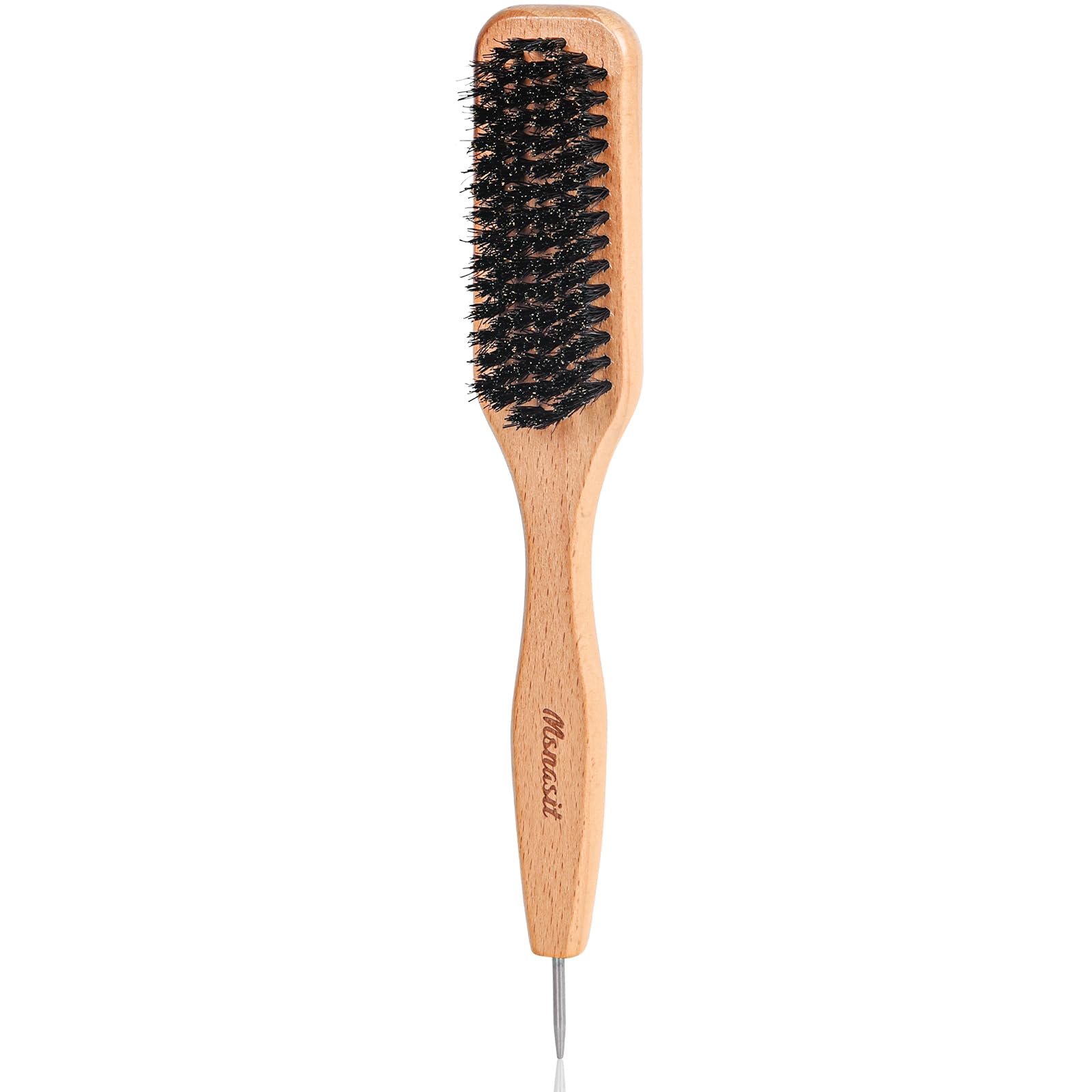 Boar Bristle Slick Back Hair Brush with Metal Rat Tail End, Soft Smoothing and Styling Brush, Middle Part and Sectioning Tool for Slick Back, Ponytail, Bun