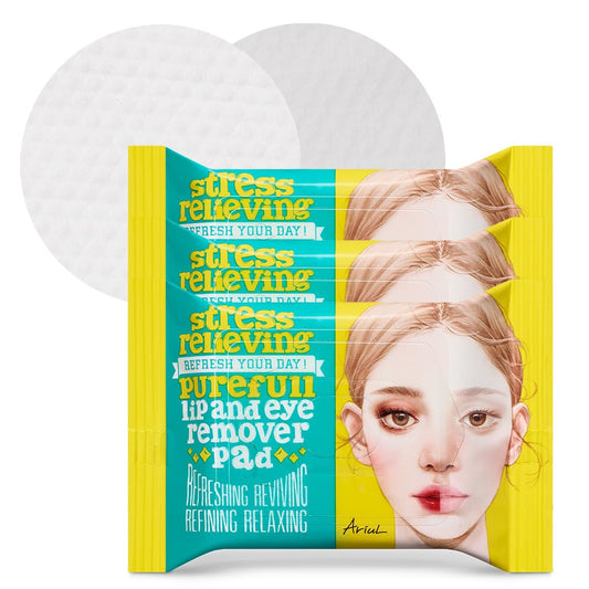 Ariul Stress Relieving Purefull Lip & Eye Remover Pads Gently Removes Stubborn Makeup, Hydrating & Soothing Formula, Korean Skin Care with Natural Ingredients, 30 Counts x 3 Packs